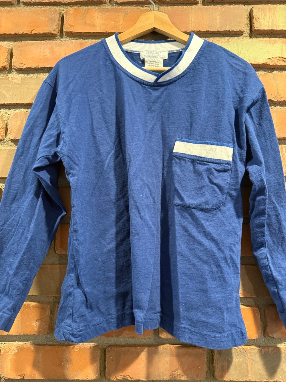 Vintage Cherokee Blue Long Sleeve Pocket Tee with white Trim